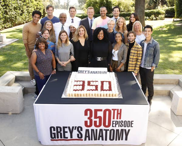 The cast of "Grey's Anatomy," Shonda Rhimes, and Krista Vernoff celebrating 350 episodes