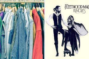 A clothing rack of vintage sweaters next to the album cover for Fleetwood Mac's Rumors