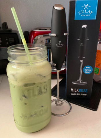 Reviewer uses same milk frother to make an iced matcha latte in their kitchen