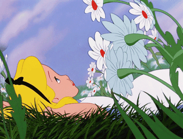 Alice from Alice in Wonderland laying in a field of flowers
