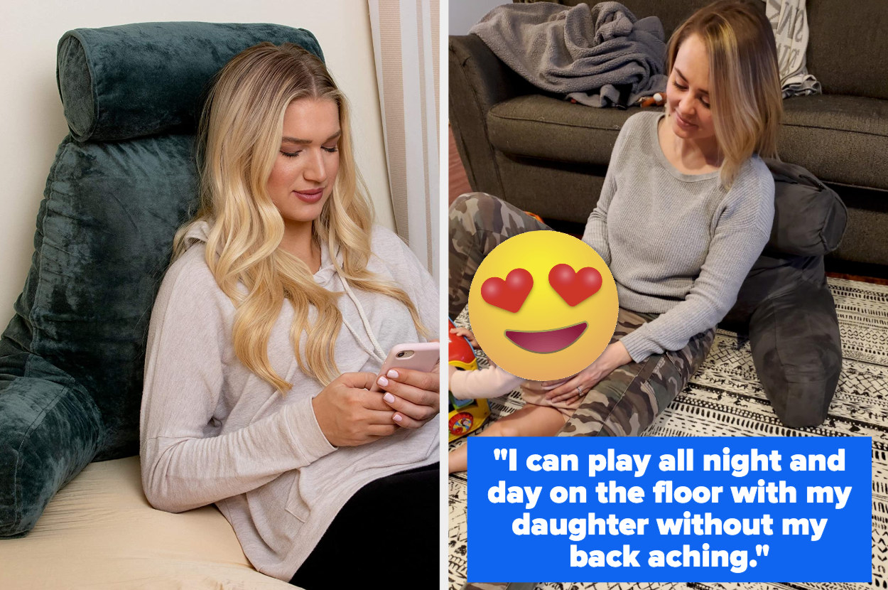 on the left, a person leans on the pillow with its headrest propped up. on the right, a mom leans on a pillow with headrest turned down. A quote from the mom says, &quot;I can play all night and day on the floor with my daughter without my back aching.&quot;