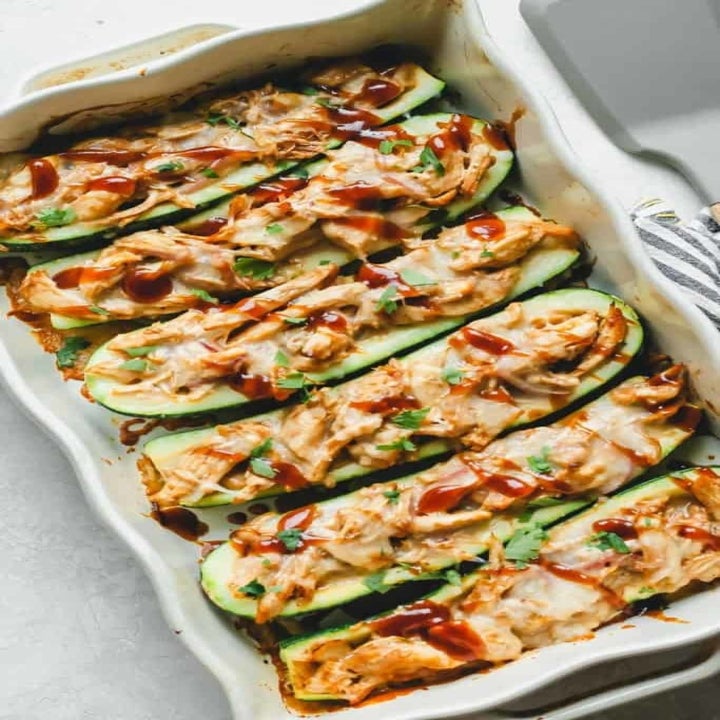 Roasted zucchini boats stuffed with cheesy barbecue chicken.