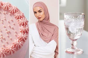 a cake a person in a hijab and a glass