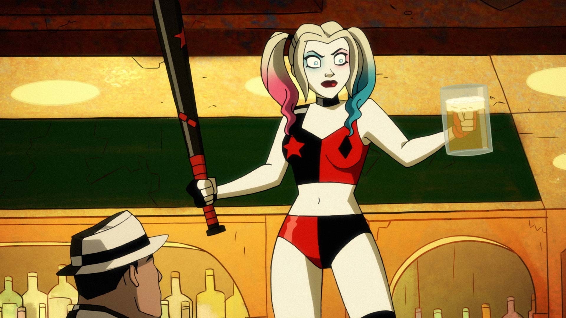 Animated Harley Quinn holding a beer and a baseball bat 