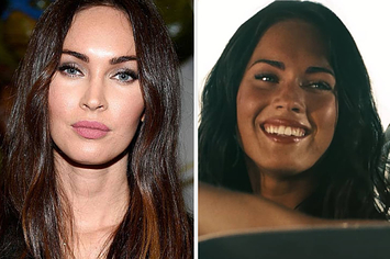 Megan Fox on the red carpet next to a still from her in the "Transformers" movie