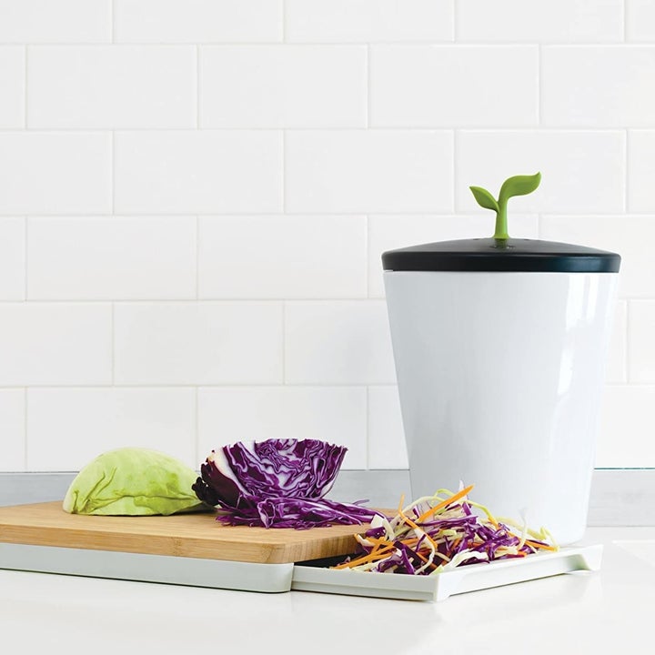 The compost bin next to some vegetable scraps