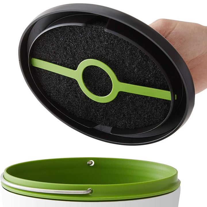 An inside view of the compost bin lid to show off the filter