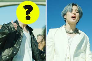 An image of Jungkook with his face hidden and an image of Jimin singing from the On music video 