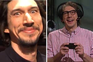 An extremely close up image of Adam Driver smiling into the camera at SNL next to an image of him laughing and playing a video game
