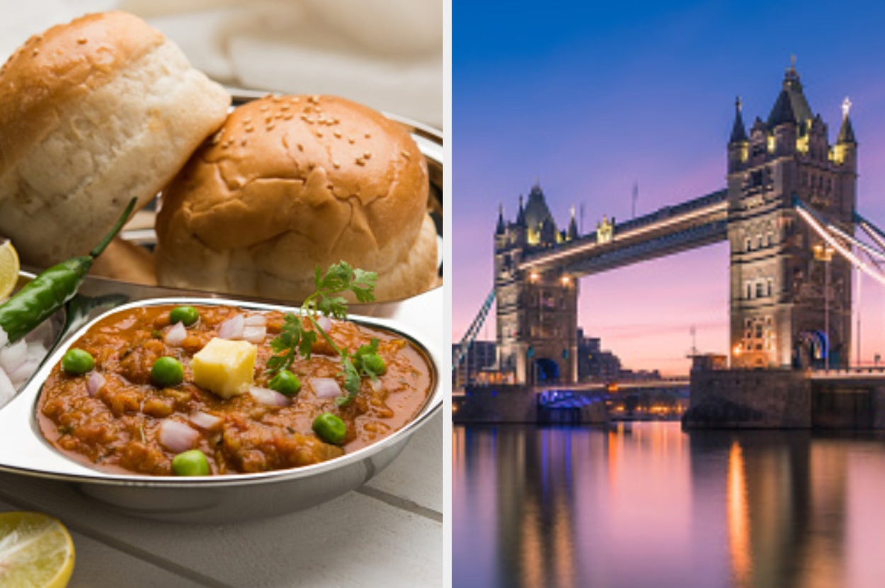 a plate of pav bhaji and the tower bridge in london