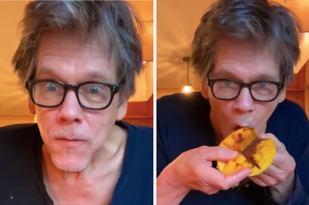 Kevin Bacon biting into his morning mango enthusiastically