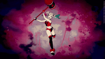 Harley Quinn smashing the camera with a mallet  