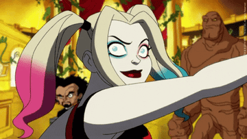 Animated Harley Quinn swinging her bat