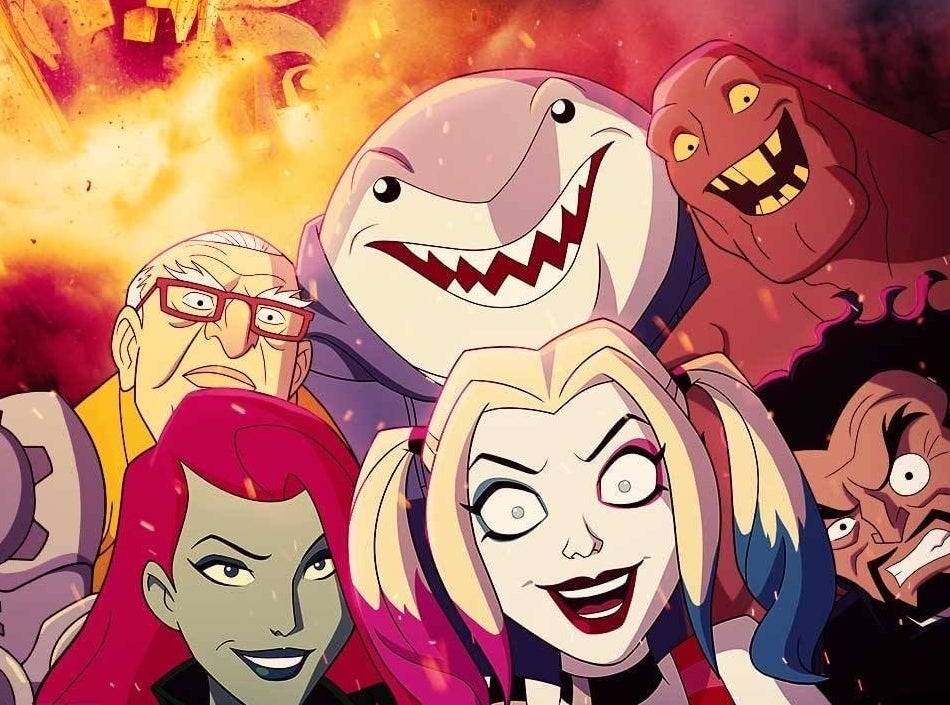 Animated Harley Quinn, Poison Ivy, King Shark, Clayface, Sy Borgman, and Dr. Psycho