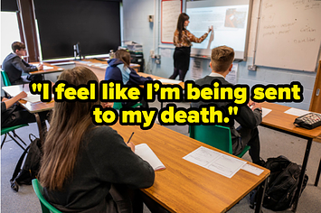 Students socially distanced in the classroom with the text: "I feel like I'm being sent to my death"