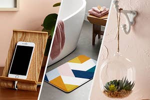 A phone, a bath mat, and a terrarium 