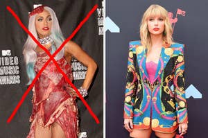 Lady Gaga's 2010 raw meat dress crossed out next to Taylor Swift's 2019 sequin blazer