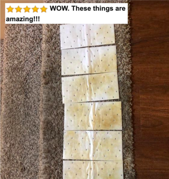 Reviewer&#x27;s picture of multiple wipes with pet stains next to a now clean rug