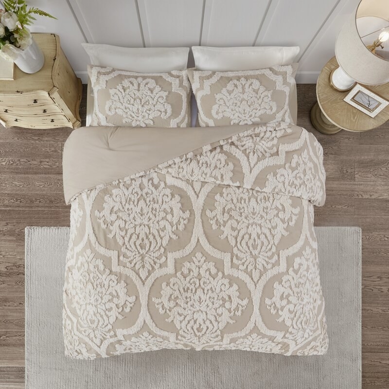 Elder &amp;amp; Ivory&#x27;s chenille comforter set with a taupe color and lighter beige damask design