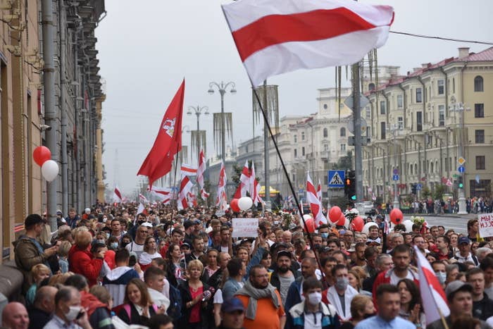 The street is crowded with protesters in Minsk