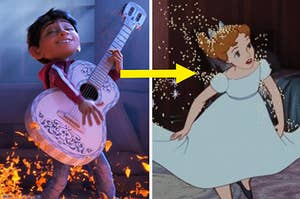 Miguel from Coco playing the guitar and Wendy from peter pan covered in pixie dust