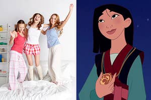 On the left, three friends jump on a bed while wearing their pajamas, and on the right, Mulan