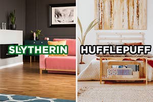On the left, a dark living room with hard wood floors, a velvet couch, and modern fireplace labeled "Slytherin," and on the right, a bohemian-style bedroom with a bed, a plant, and modern art on the wall labeled "Hufflepuff"