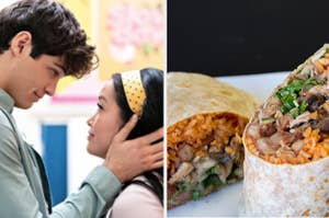 Peter and Lara Jean are standing together on the left with a burrito on the right