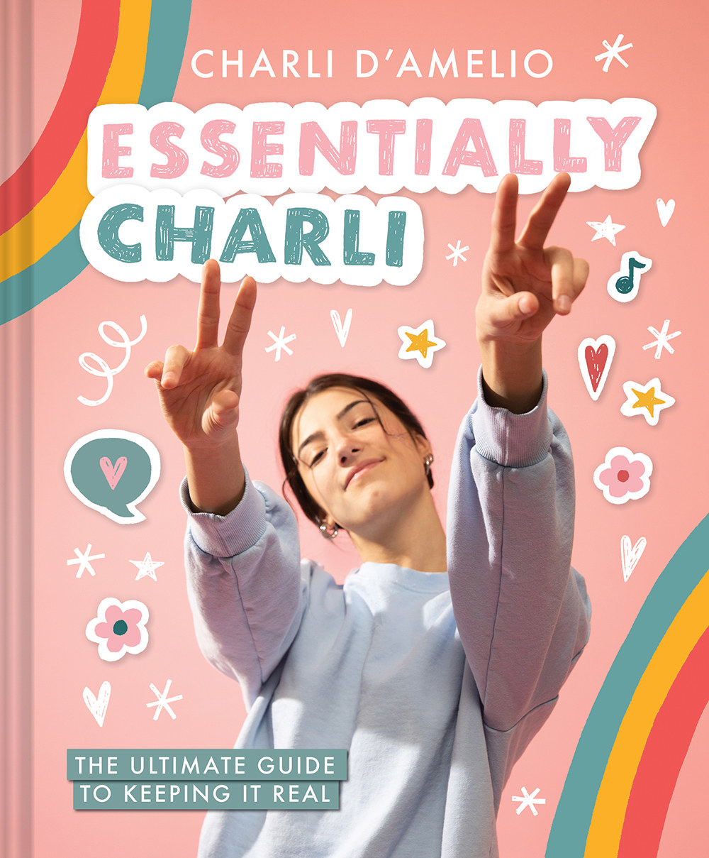 Charli holding peace signs up on her book cover with stars and rainbows