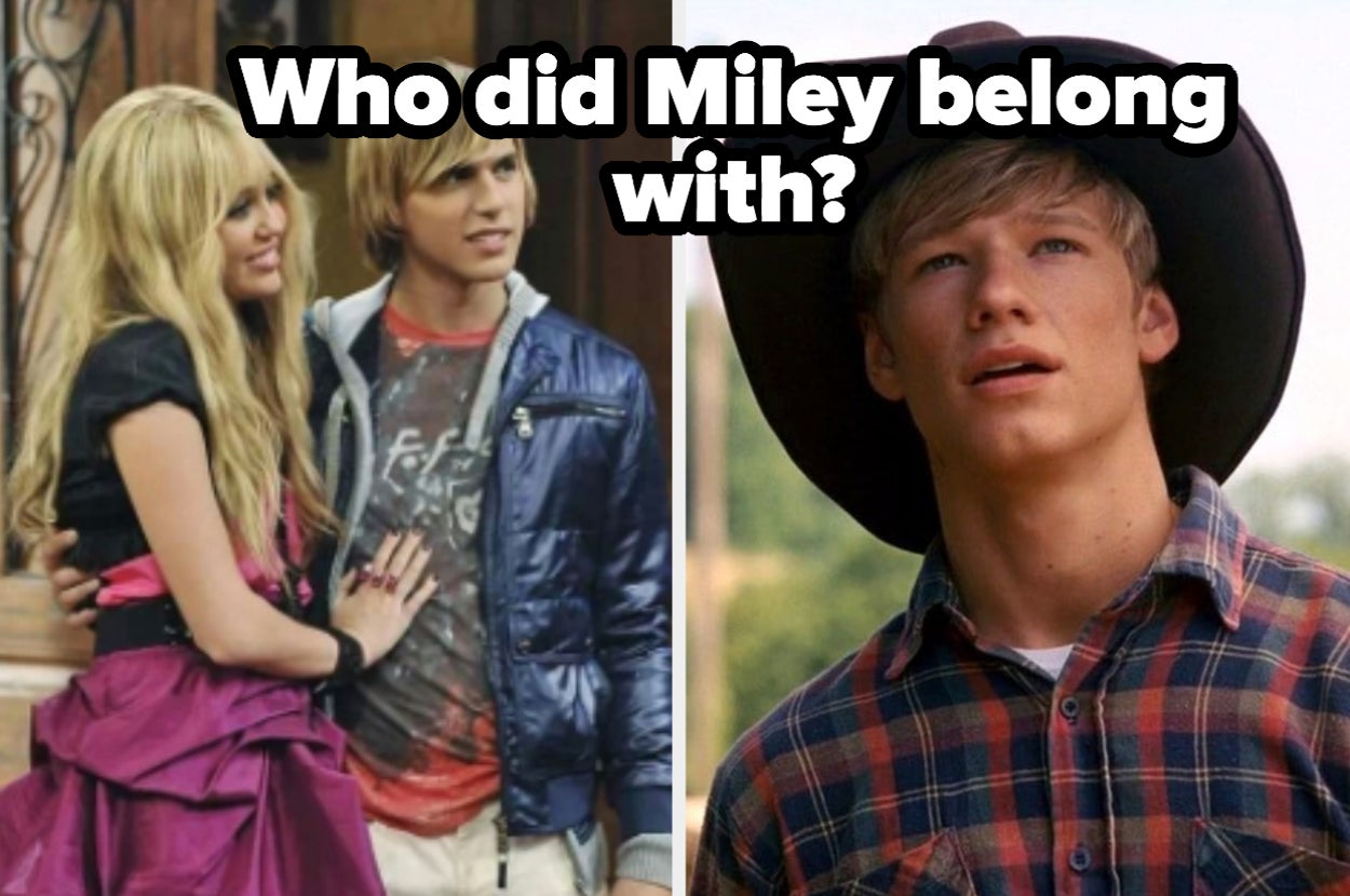 Miley and Jake are cuddled on the left with Travis on the right labeled, "Who did Miley belong with?"