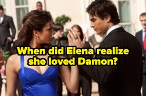 Elena and Damon dancing at the Miss Mystic Falls pageant with the question, "When did Elena realize she loved Damon?"