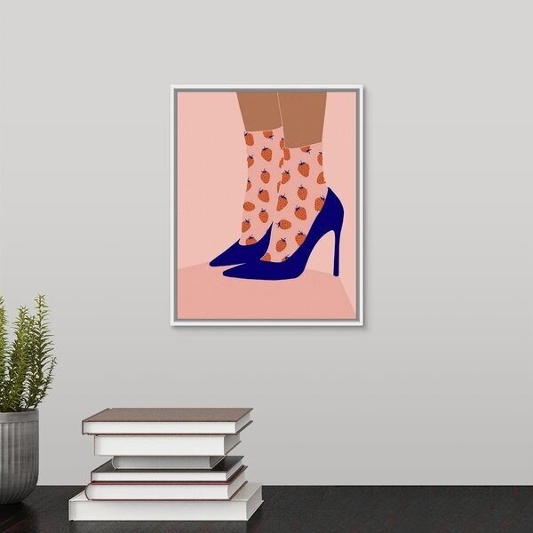 Painting of feet in blue high heels with strawberry patterned socks