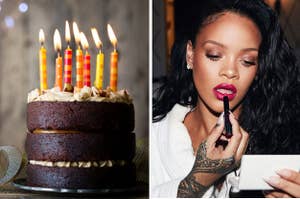 Chocolate cake and Rihanna putting on lipstick.