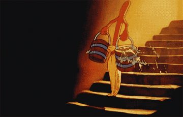 a gif of an animated broom carrying buckets of water down stairs