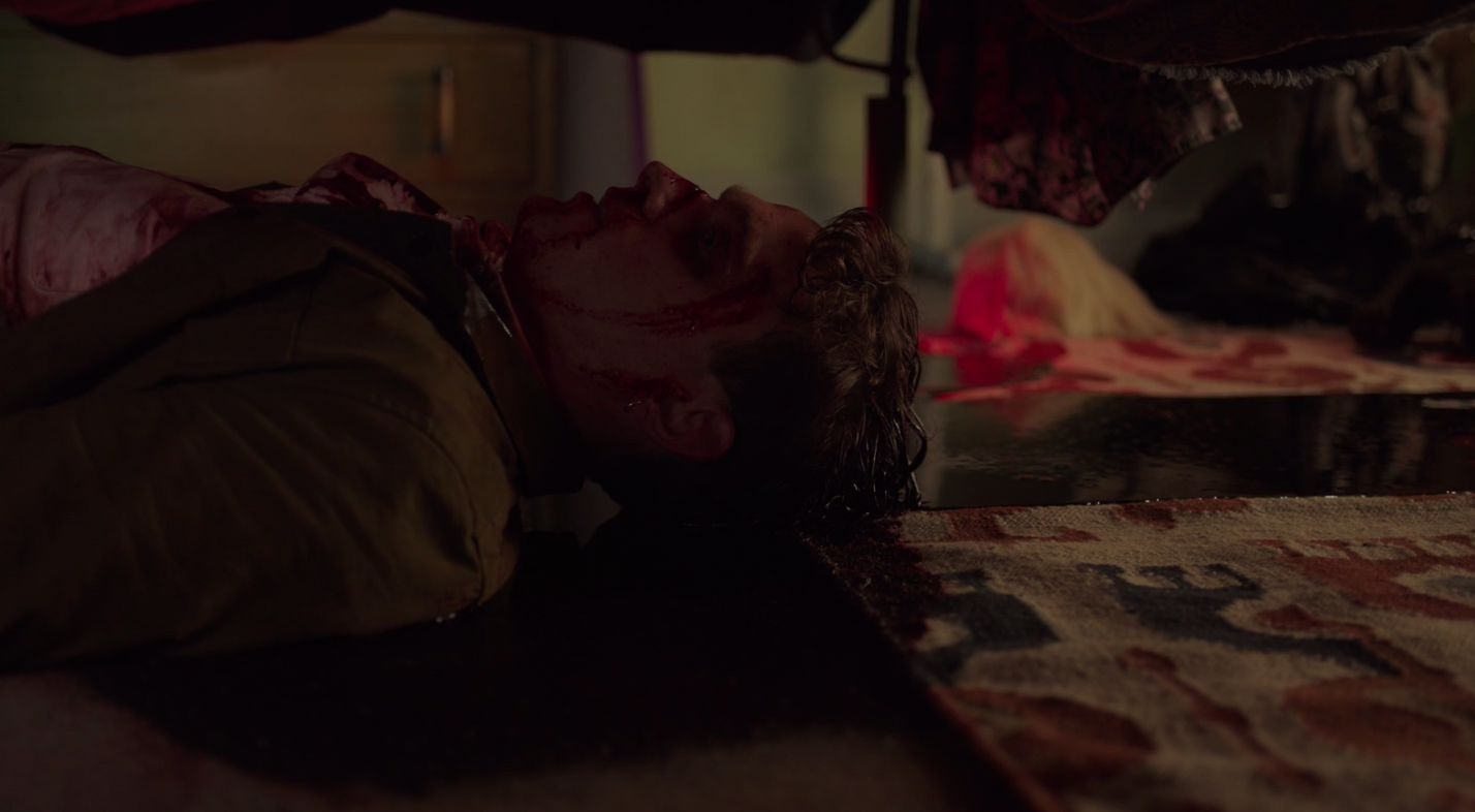 A screen grab of Arabella&#x27;s rapist bleeding out under her bed