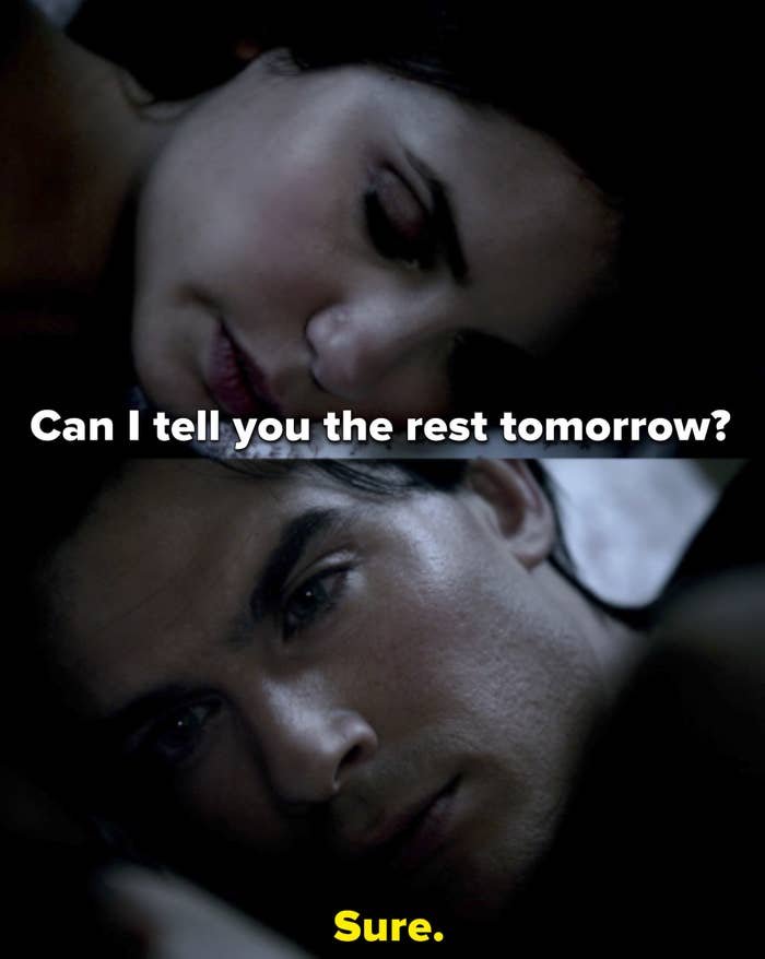 Elena asks if she can tell Damon the rest the next day and Damon says sure