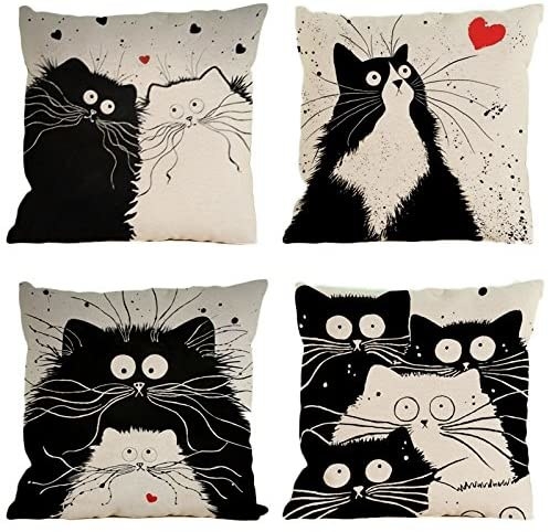 A set of four pllow covers featuring cats that look confused