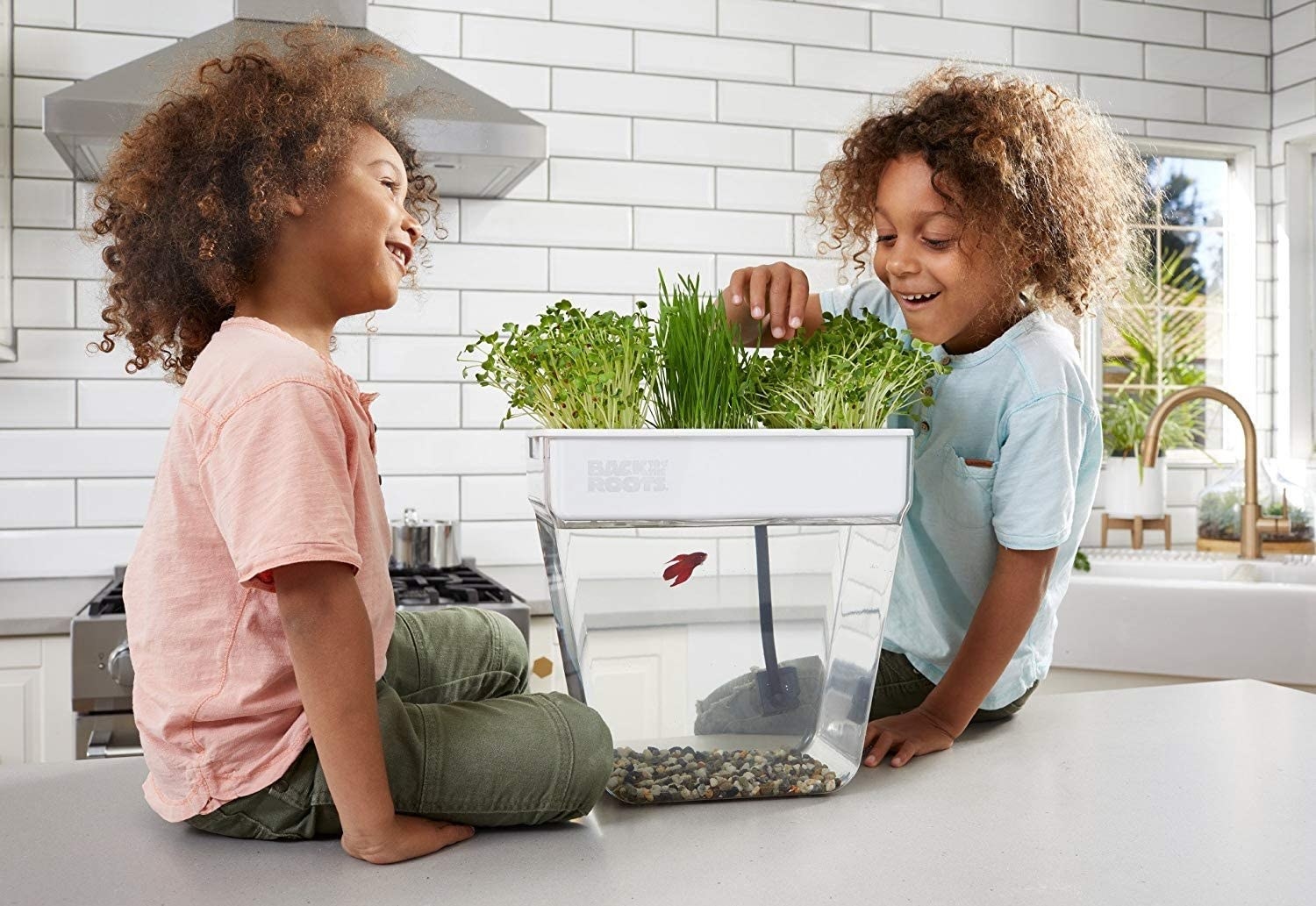Kids sitting on a kitchen counter top next to the product
