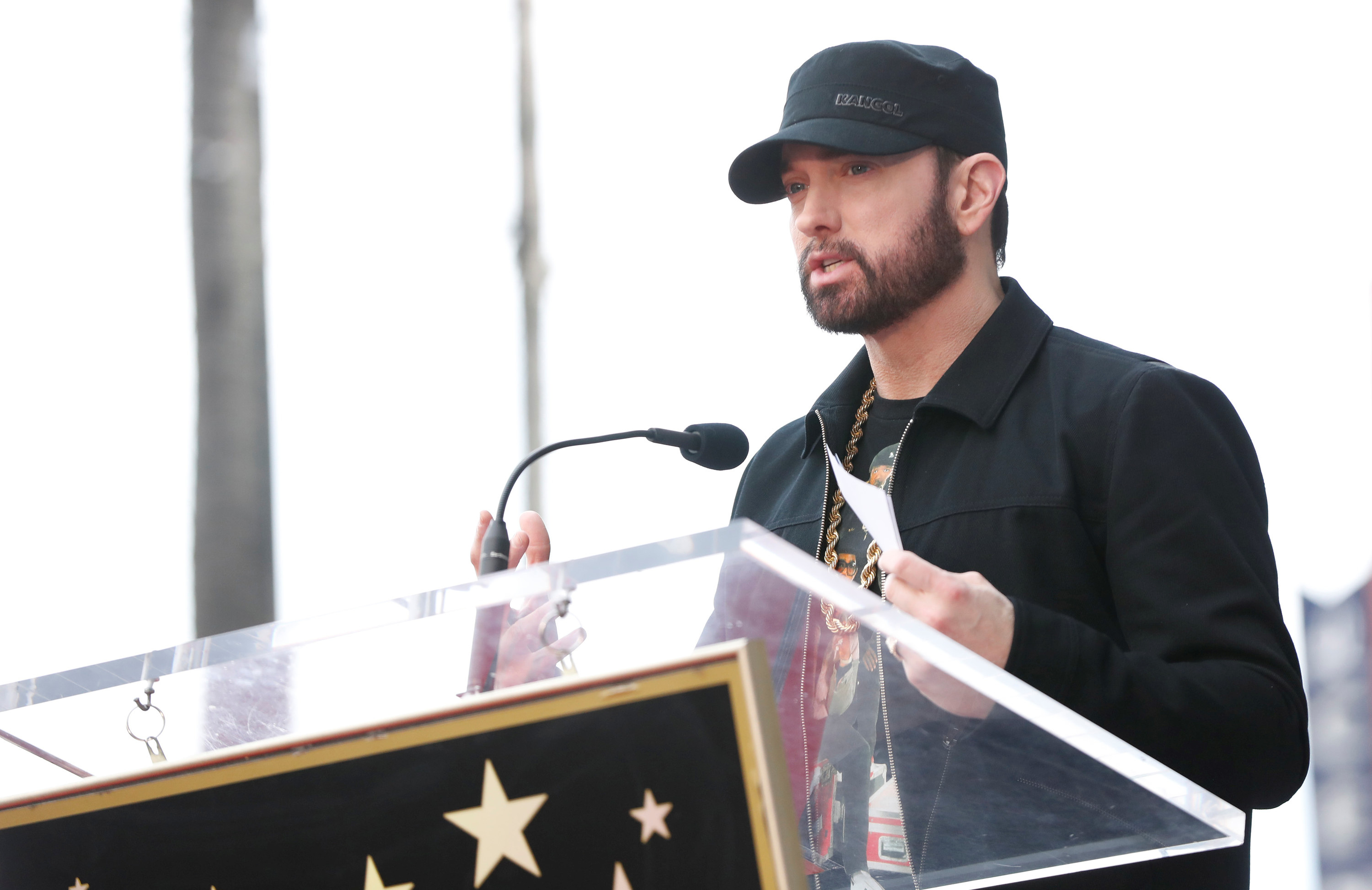 Eminem with a beard getting his Star on the Hollywood Walk of Fame in 2020