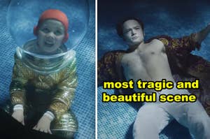Side-by-side of young and old Elton John underwater in "Rocketman"