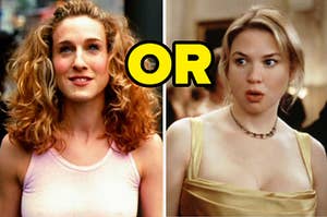 Carrie Bradshaw is on the left looking happy and "or" written in the center, with Bridget Jones looking surprised on the right