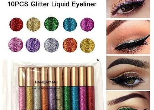 A set of ten colourful eyeliners and eyes showing off looks with them