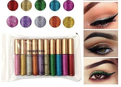 A set of ten colourful eyeliners and eyes showing off looks with them