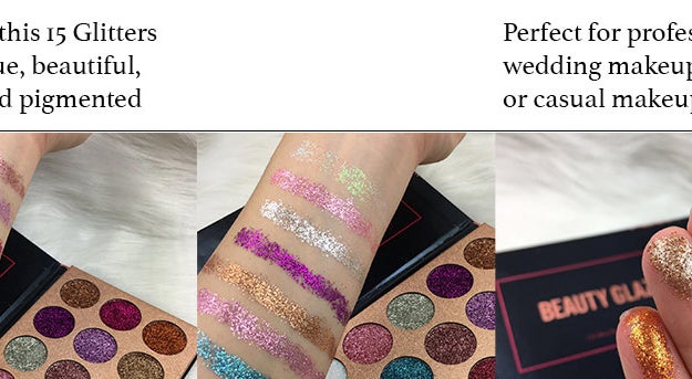 An eyeshadow palette with the colours swatched on a forearm and fingers