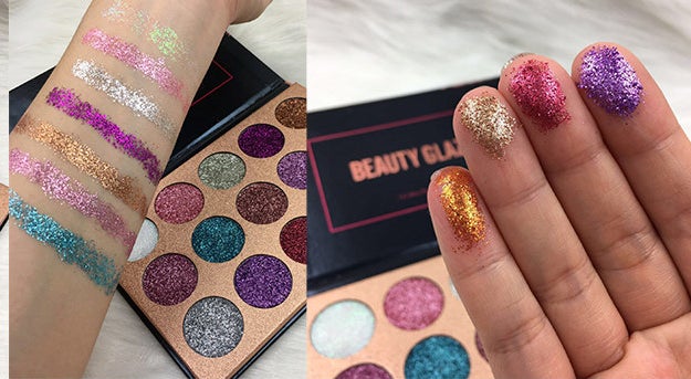 An eyeshadow palette with the colours swatched on a forearm and fingers