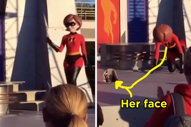 Someone in a Mrs. Incredible costume at a theme park falling and her fake face falling off