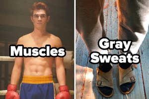 Shirtless Archie Andrews from Riverdale with the text "muscles" and gray sweatpants with the text "gray sweats"
