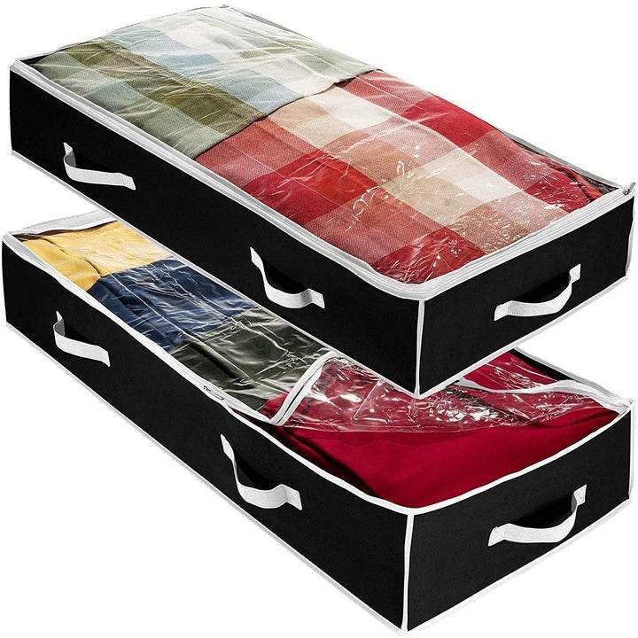 two rectangular storage bags with clear tops, and black sides with handles