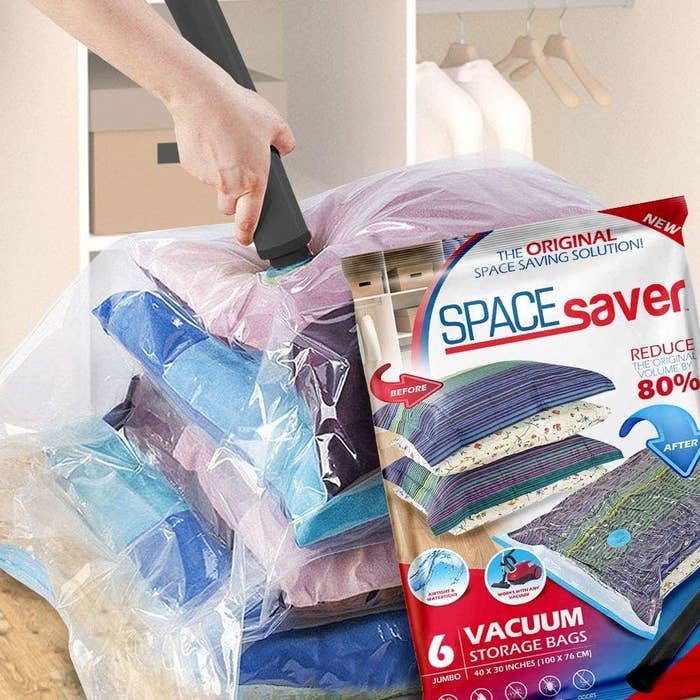 Hands vacuuming air out of a storage bag, plus the packaging of the jumbo bags