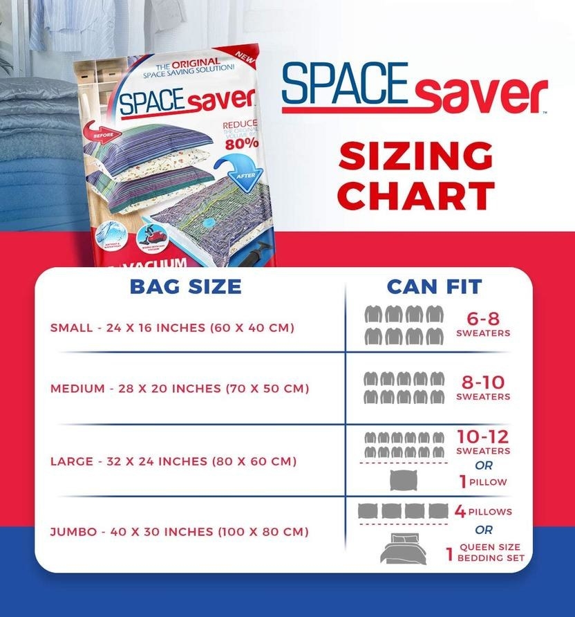 A size chart for the bags: small is 24 x 16 inches (fits 6-8 sweaters), medium is 28 x 20 inches (fits 8-10 sweaters), large is 32x24 inches (fits 10-12 sweaters), and jumbo is 40x30 inches (fits 4 pillows or one queen bedding set)